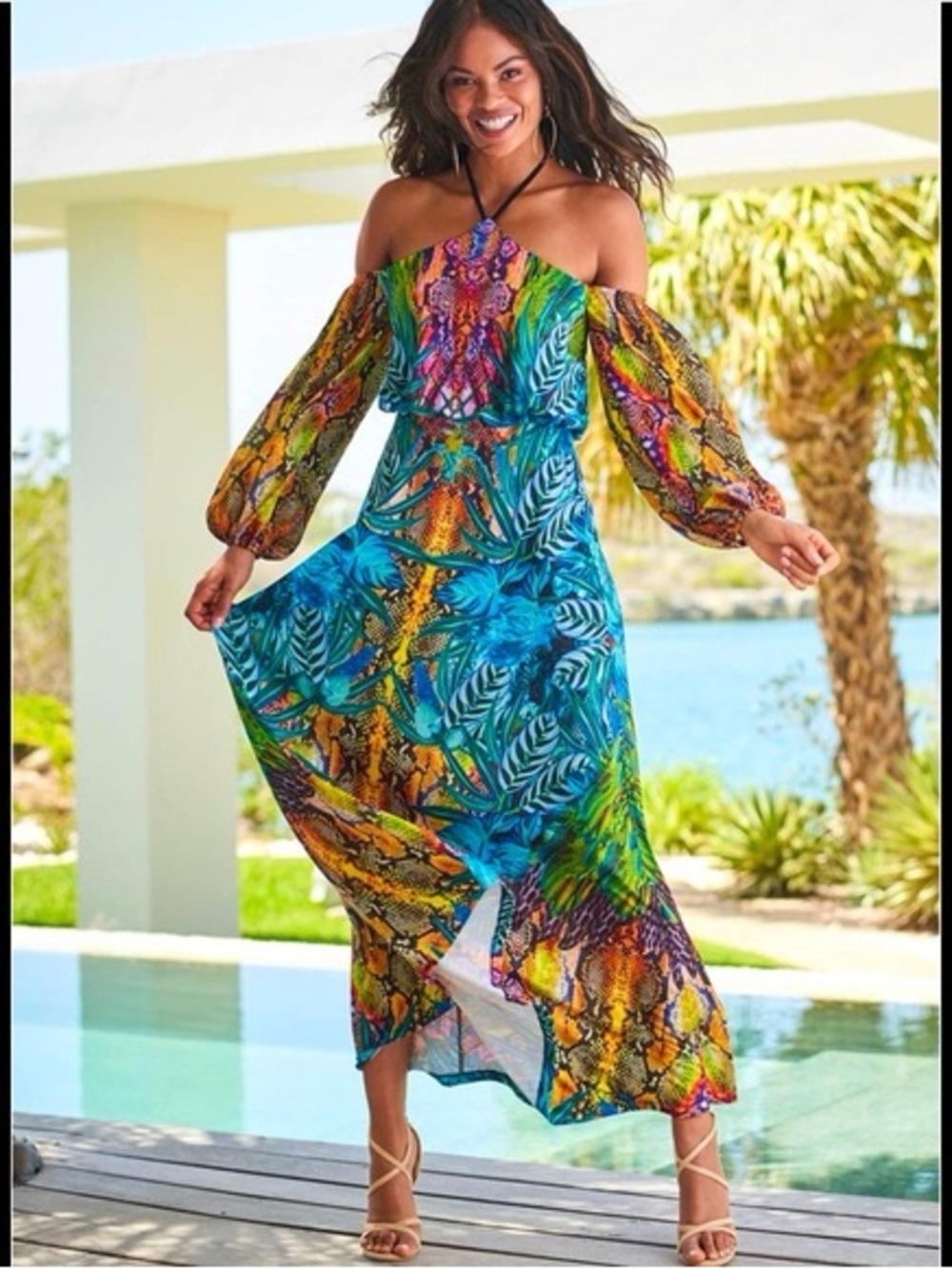 Off-Shoulder Tropical Print Maxi Dress in Teal Multicolor 2X-3X NWOT